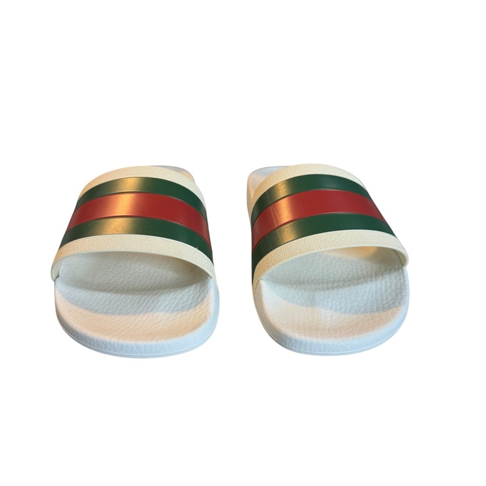 Gucci Pursuit 72 White and Green Striped Flip Flop Slides Sandals - Picture 5 of 9